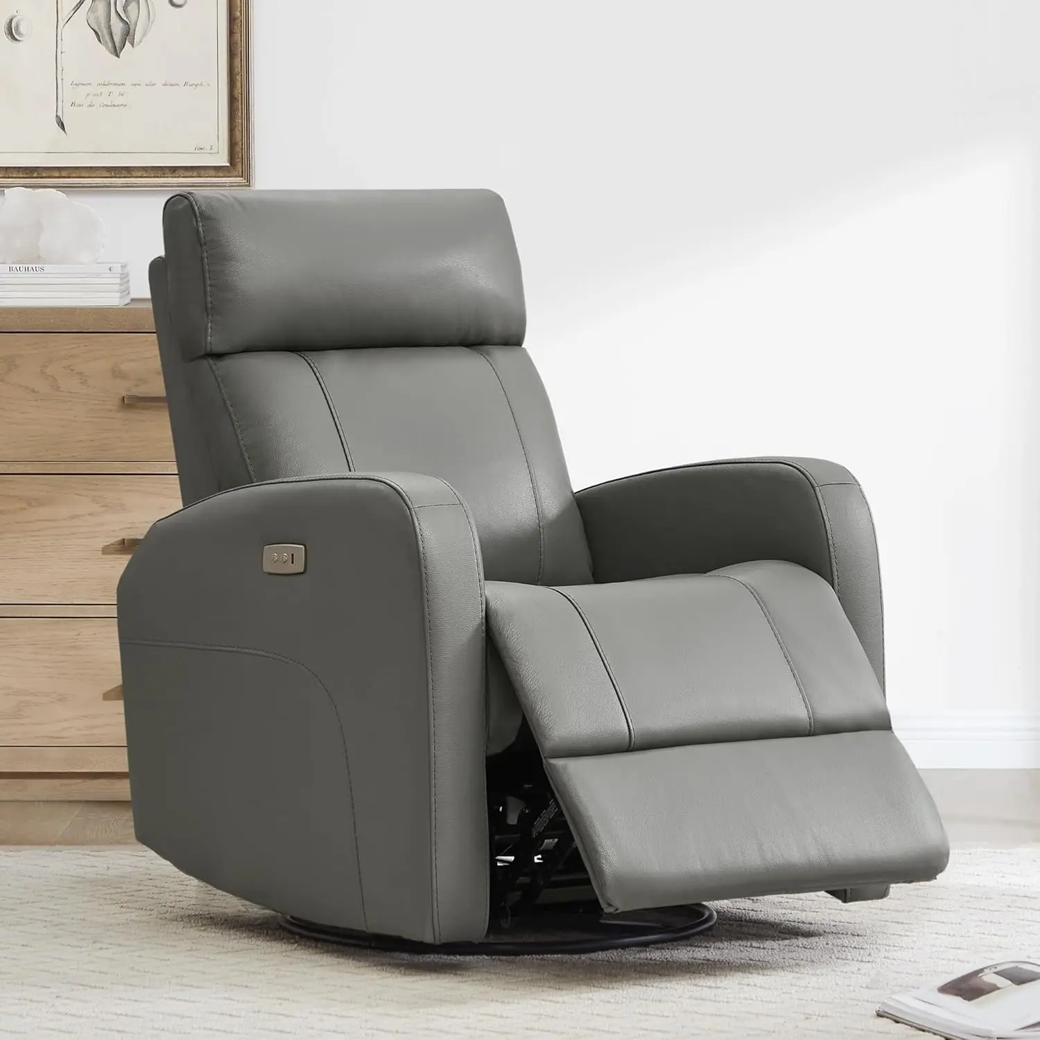 Genuine Leather Power Swivel Glider Recliner Chair for Adults, FSC Certified Electric Nursery Rocker Recliner Chair