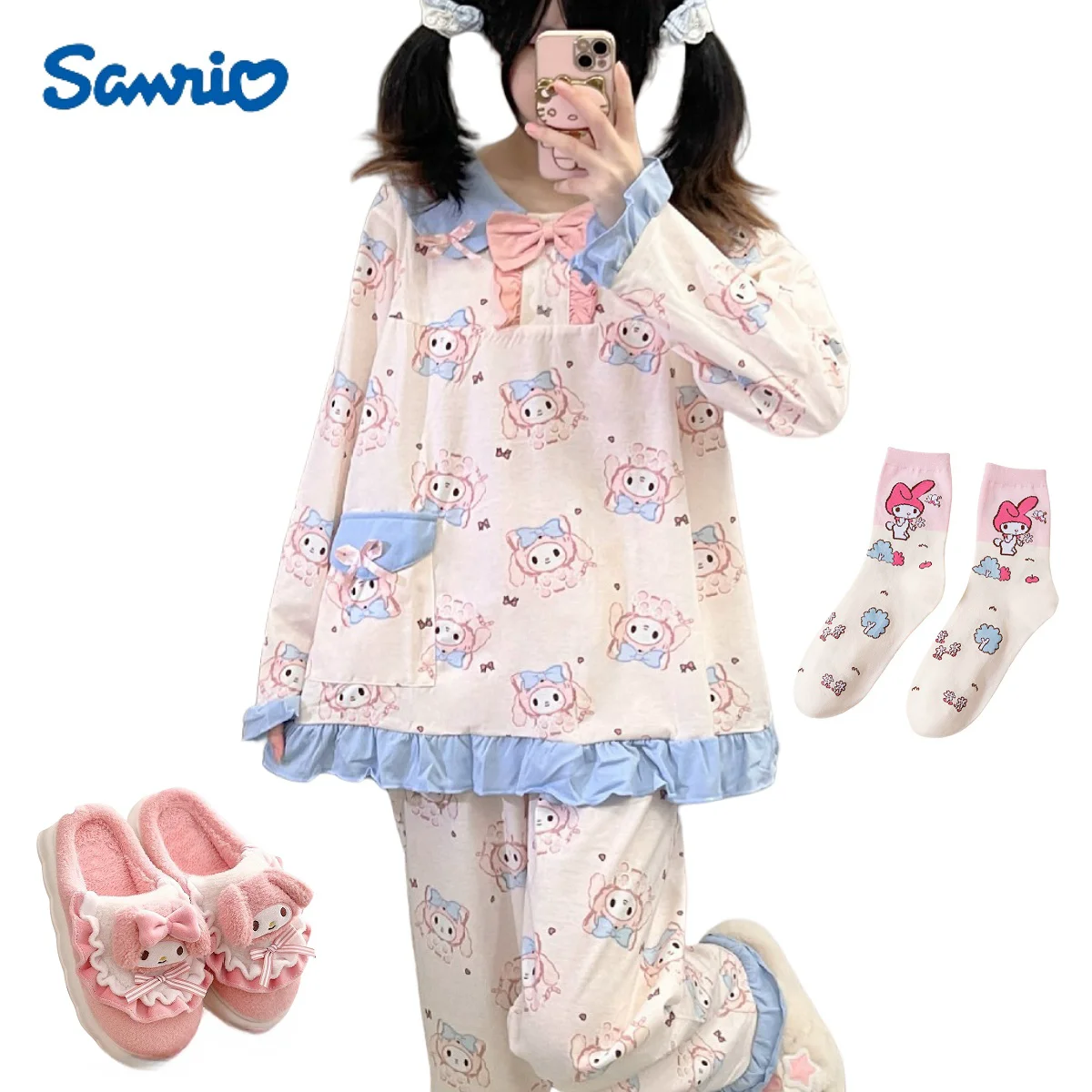 

Sanrio Melody пижамный комплект с длинными рукавами, милый мультяшный аниме, милая одежда для дома, спальни, дома, отеля, удобная одежда, праздничные подарки