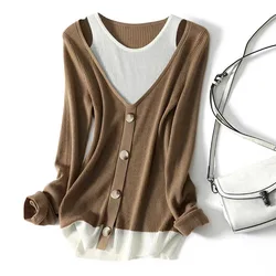 Spring Autumn Pullover Round Neck Women's Solid Screw Thread Hollow Out Button Long Sleeve Sweater Knitted Undershirt Tees Tops