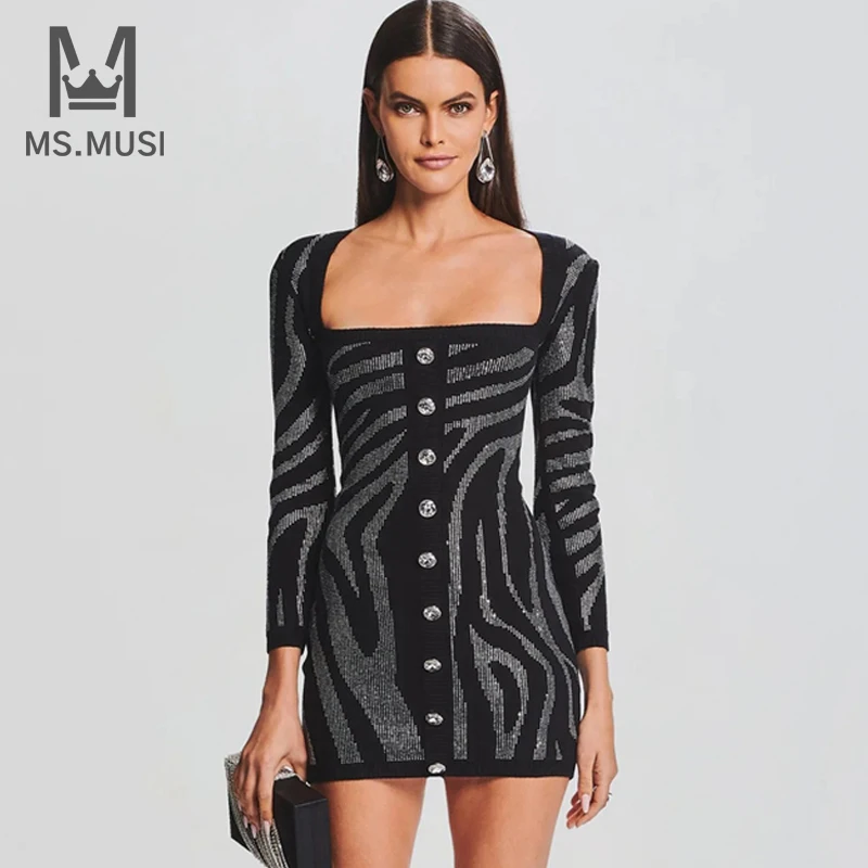 

MSMUSI 2024 New Fashion Women Sexy Button Diamond Crystal Sequins Long Sleeve Bandage Bodycon Party Club Mini Dress Vestidos