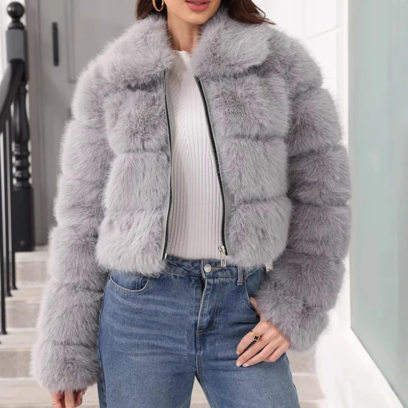 เสื้อโค้ทขนเฟอร์เทียมแบบใหม่สำหรับผู้หญิง เสื้อผ้าฤดูหนาว หนา อุ่น แขนยาว สไตล์สั้น อเนกประสงค์ ดีไซน์ต่อผ้าขนสัตว์เทียม ซิป