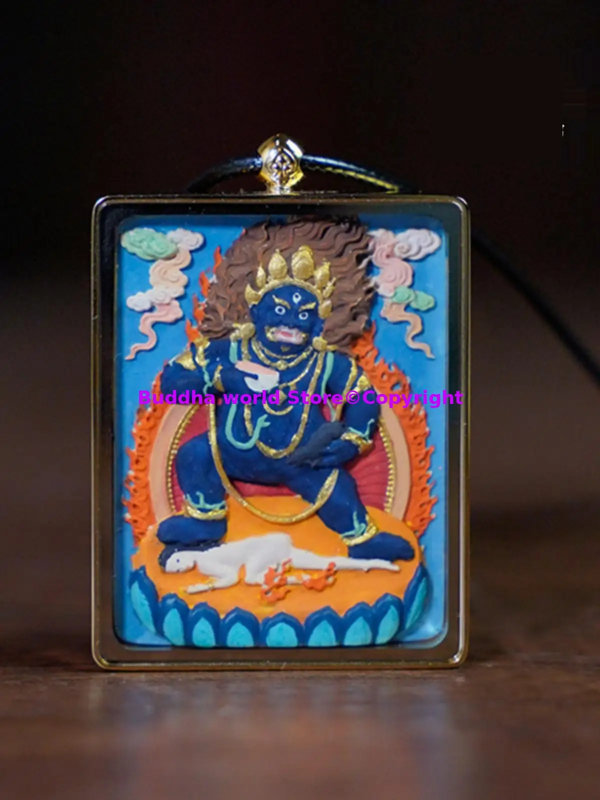 Intangible heritage Tangka amulet Black God of Wealth Jambhala Handmade wood carved color painted figure of the Buddha talisman