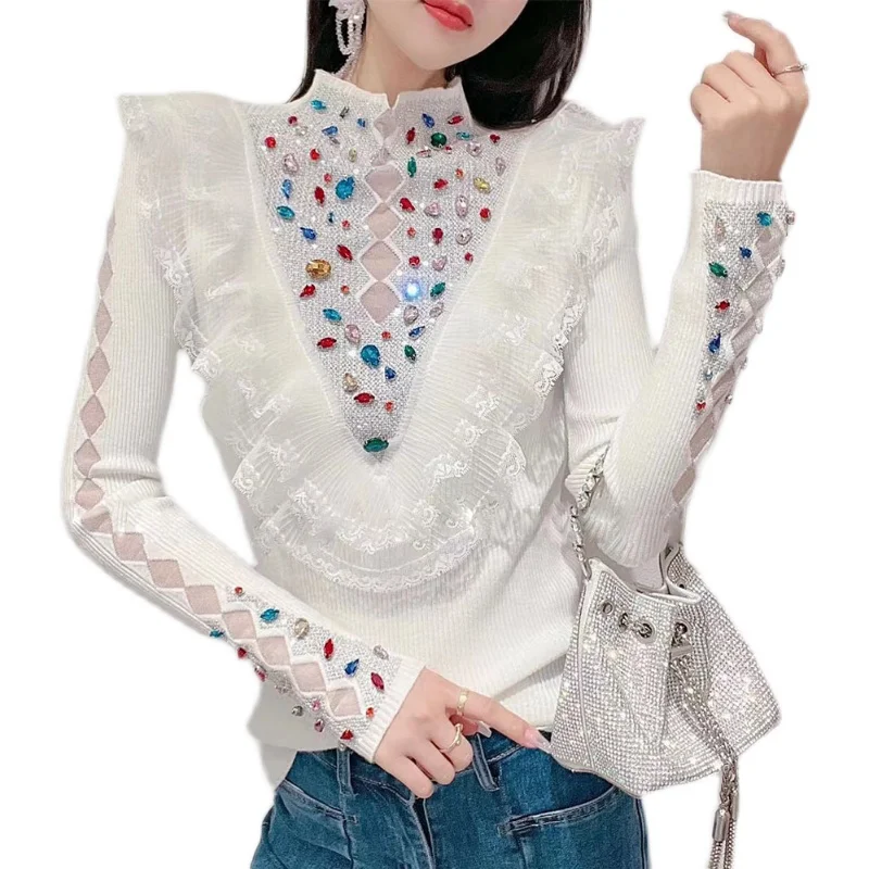 Imagem -06 - Mulheres Diamantes Coloridos Frisados Camisola de Malha Encalço Camisas Renda Ruffles Cristal Pullovers Strass Jumpers Tops