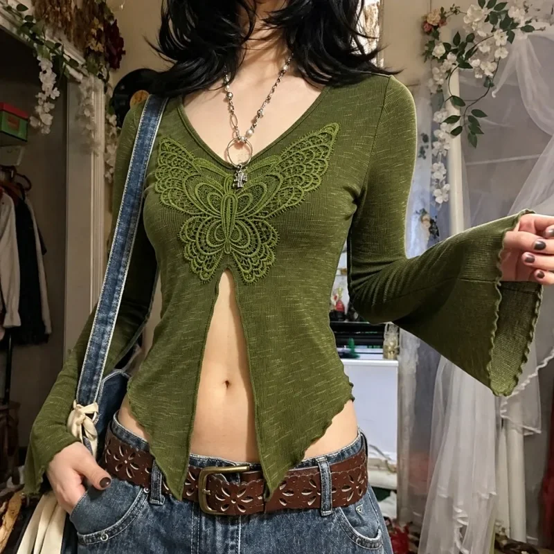 Retro Knitted Trumpet Sleeve Three Dimensional Butterfly Embroidered Pullover Y2k Subcultural Spicy Girl Irregular Split Jumpers