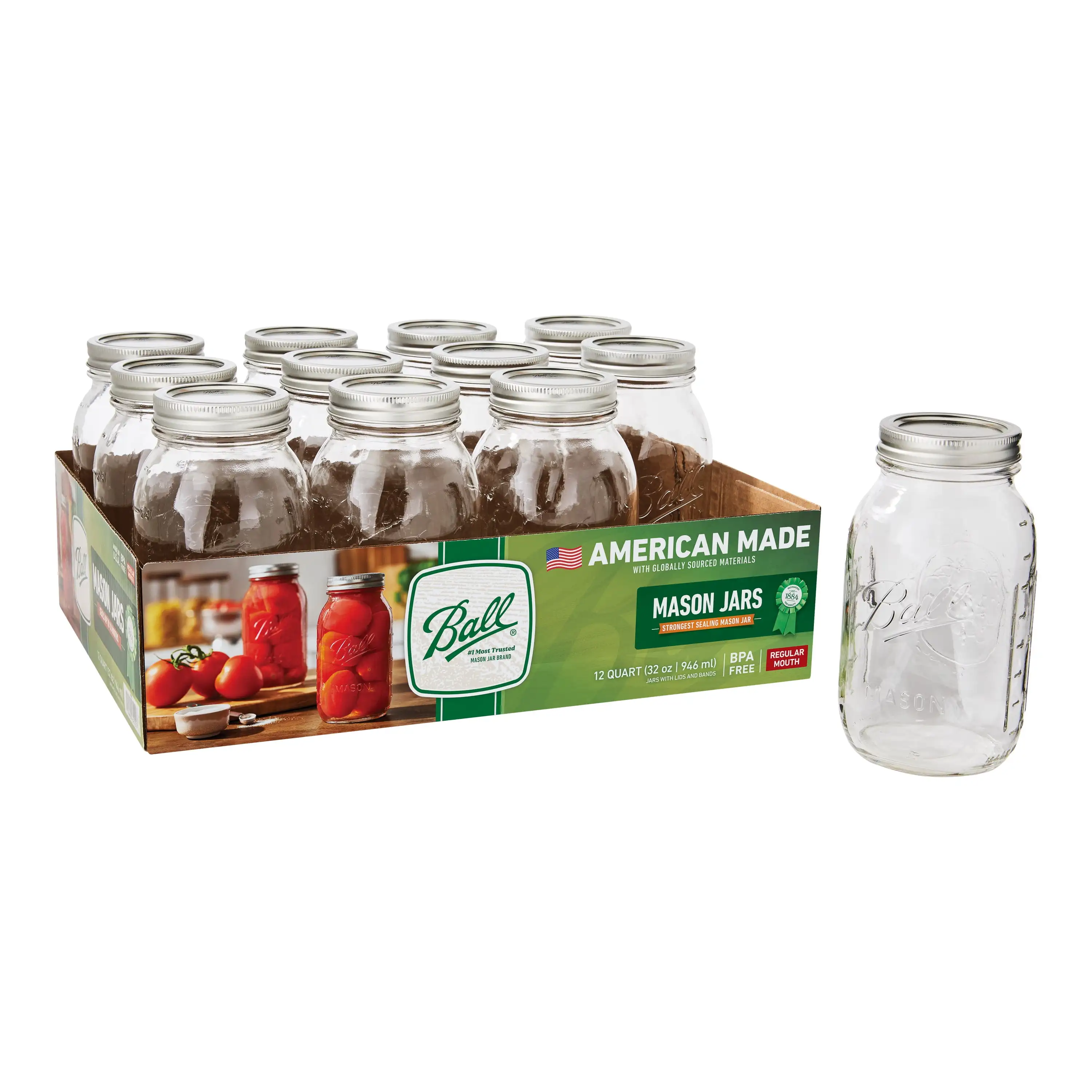 

Regular Mouth Quart 32-Oz. Glass Mason Jar with Lids and Bands, 12-Count