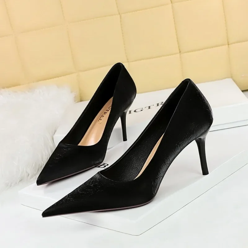 BIGTREE High Heels Women Pumps Spring New Fashion Shallow Pointed Toe Silk 7CM Thin Heels Sweet Pumps Women Shoes Black