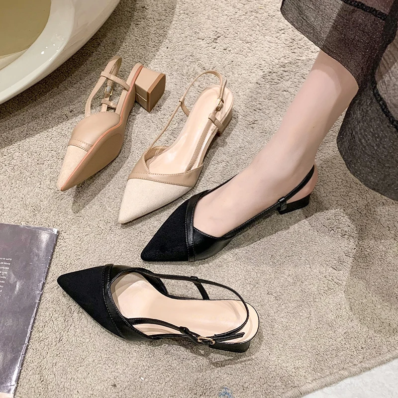 Beige Heeled Sandals Spring Shoes 2024 Women\'s Med Black Comfort Retro Closed New Girls Medium Summer Velvet Open Block Pointed