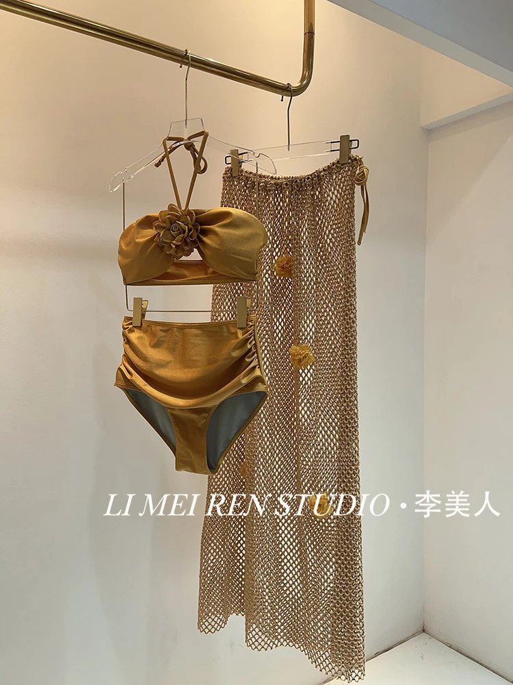 

Новая желтая сетчатая юбка ручной работы с высокой талией и разрезом, женский купальник бикини