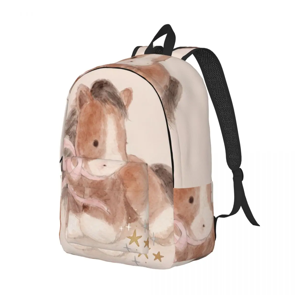 Magic Cute Student Backpack Center Watercolor Pony Whimsical Illustration Beige Brown White Bright Daypack for Primary College