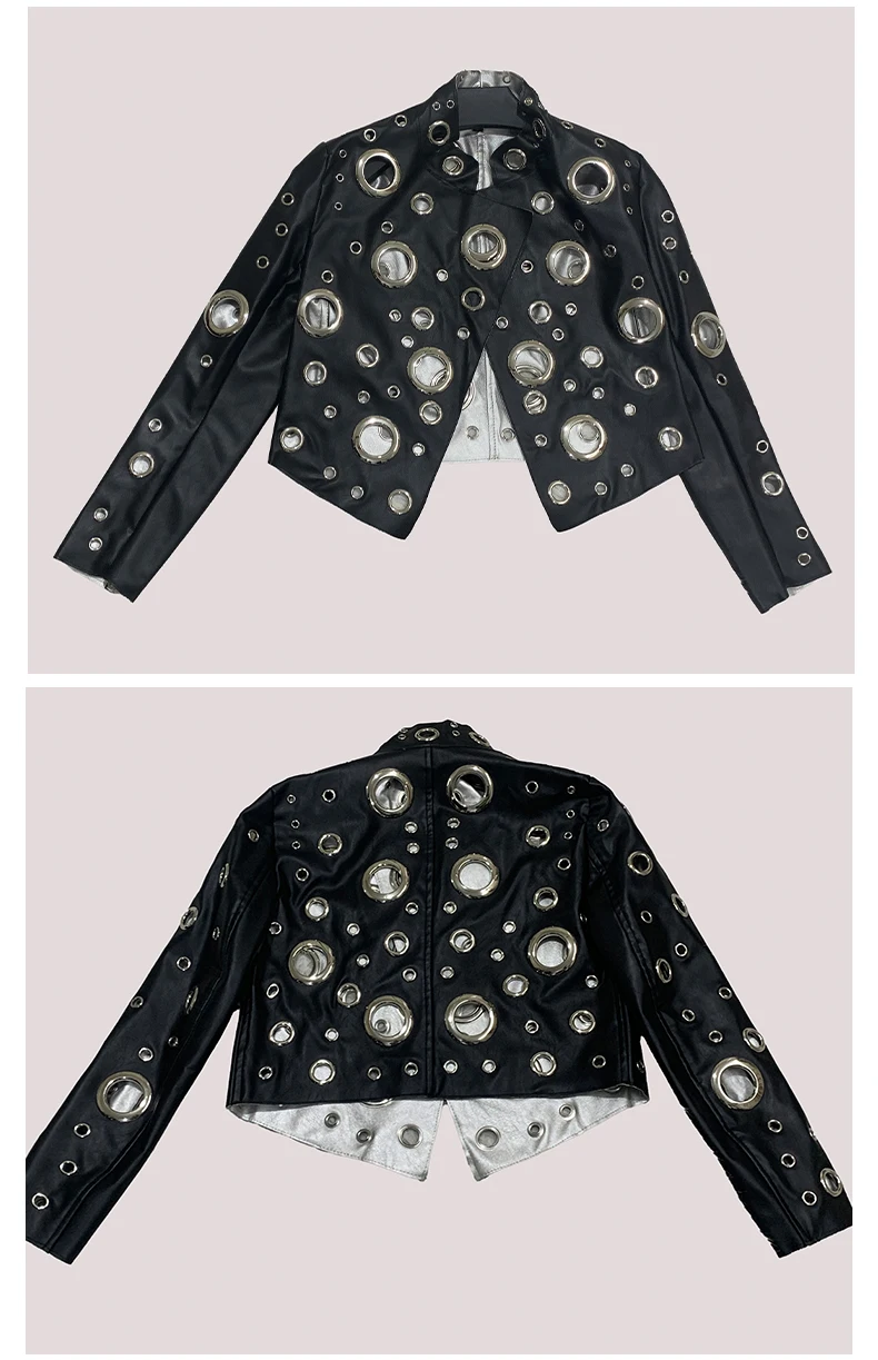 Mauroicardi Spring Short Hollow Out Patchwork Short Pu Leather Jacket Women Cool Luxury Designer European Style Clothes Fashion