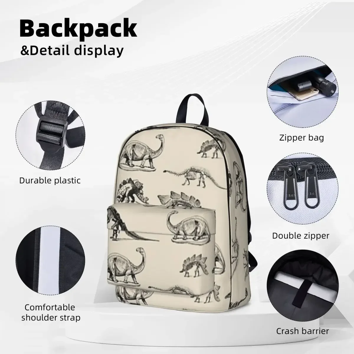 Vintage Museum Dinosaur Skeleton Illustrations Backpack Fashion Children School Bag Laptop Rucksack Travel Rucksack Bookbag