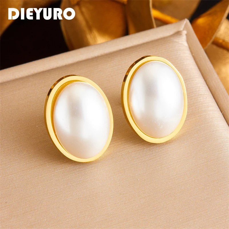 

DIEYURO 316L Stainless Steel Large Oval Pearl Stud Earrings For Women Fashion New Ear Jewelry Lady Gift Party серьги женские