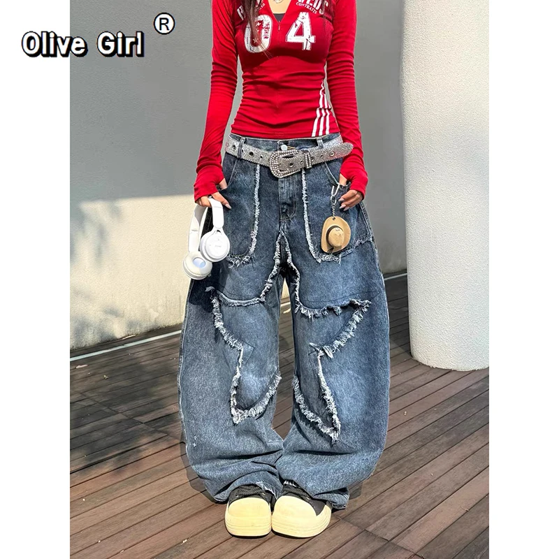 

Olivegirl Women Blue Star Cargo Jeans Baggy Vintage Aesthetic High Waist Cowboy Pants Harajuku Denim Trousers Y2k 2000s Clothes