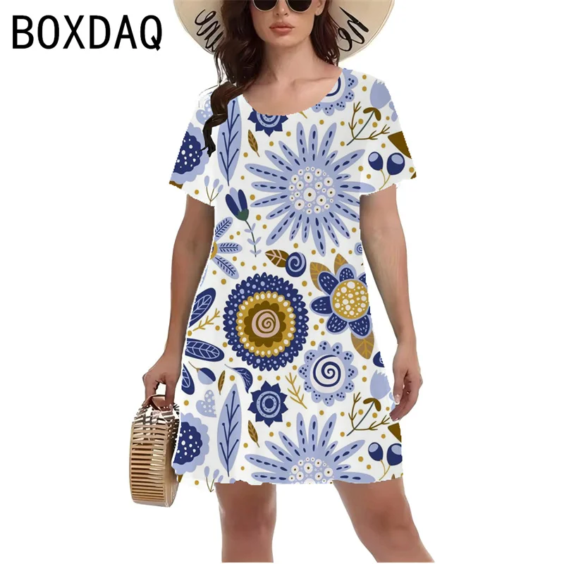 Vintage 3D Elements Cashew Pattern Dress Women Short Sleeve O-Neck Casual Mini Dress Big Size 3XL Kobieca sukienka A-Line Vestidos