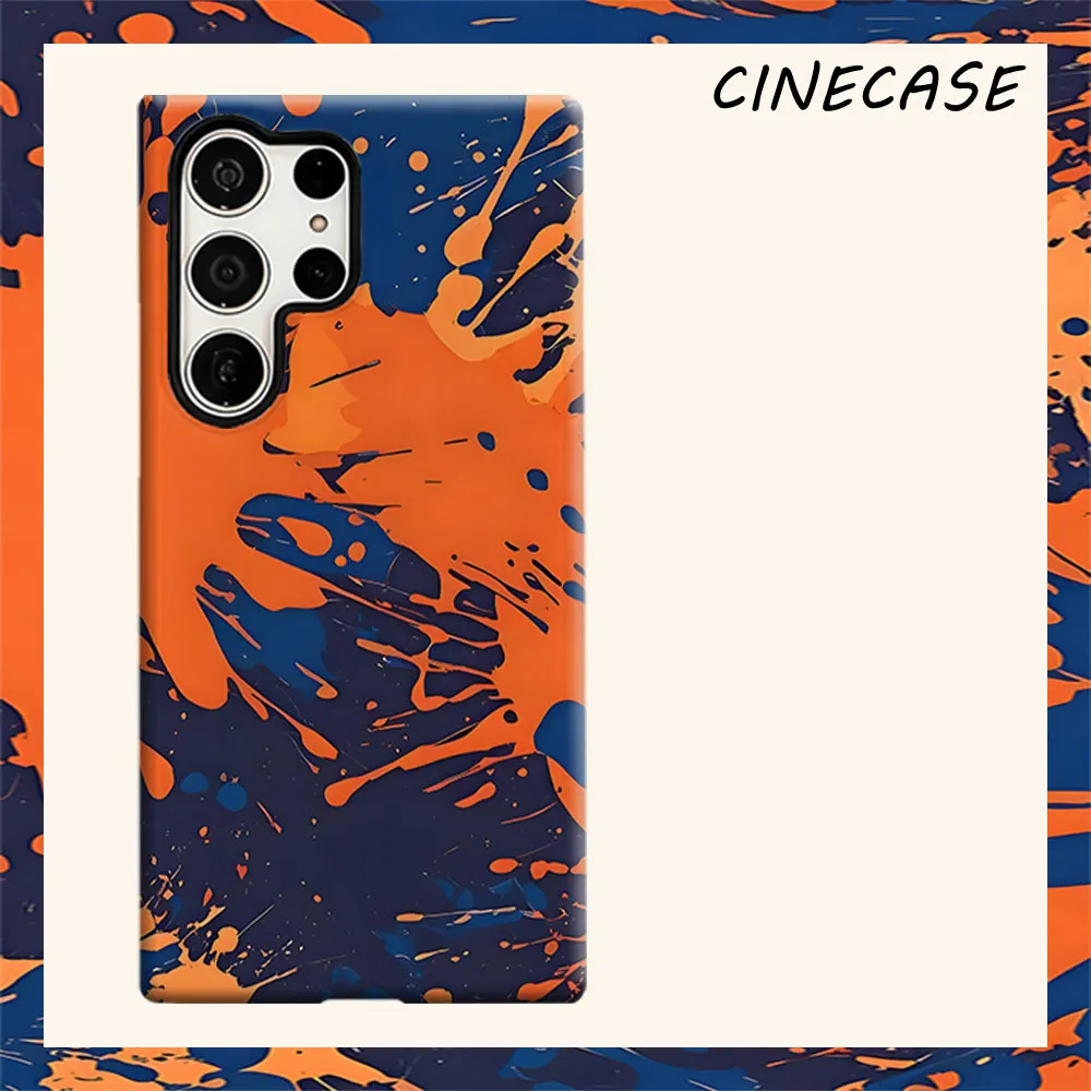 Navy Orange Paint Splash For Samsung Galaxy S26 S25 S24 A56 A36 Dual Layer Luxury Fashion Full Lens Protective Case