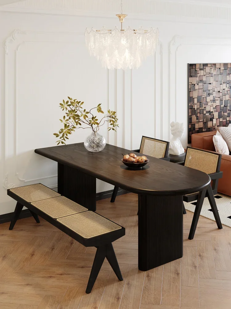 

Solid wood semicircular dining table French retro black household small apartment eating against the wall