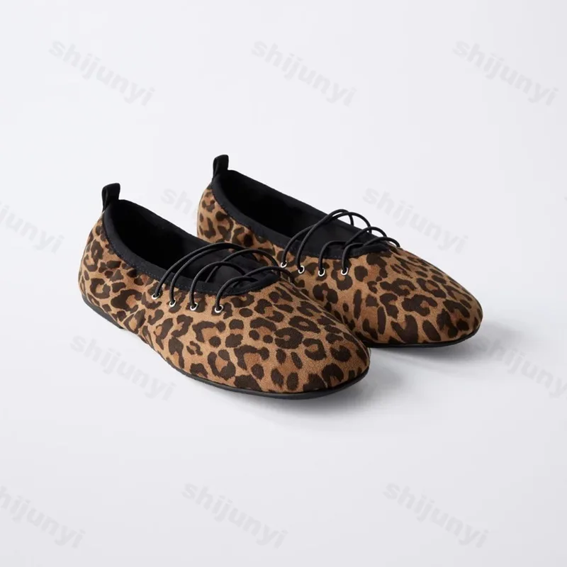 

Leopard Print Single Shoes for Women's Spring 2025 Cross Tie Flat Bottom Soft Comfortable Ballet Style Lightweight Casual Shoes