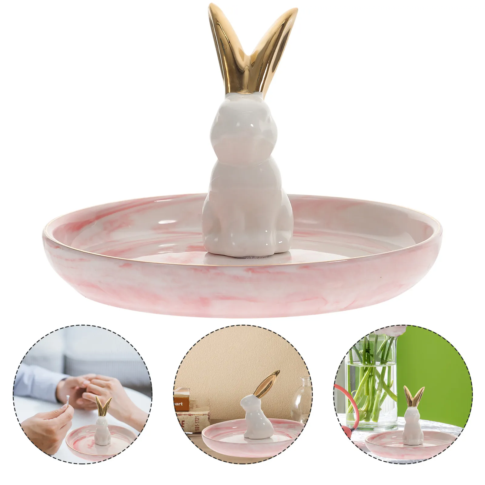 Ceramic Jewelry Display Tray with Adorable Cartoon Rabbit Design for Rings Necklaces Earrings Trinkets Lipstick Keys Desktop