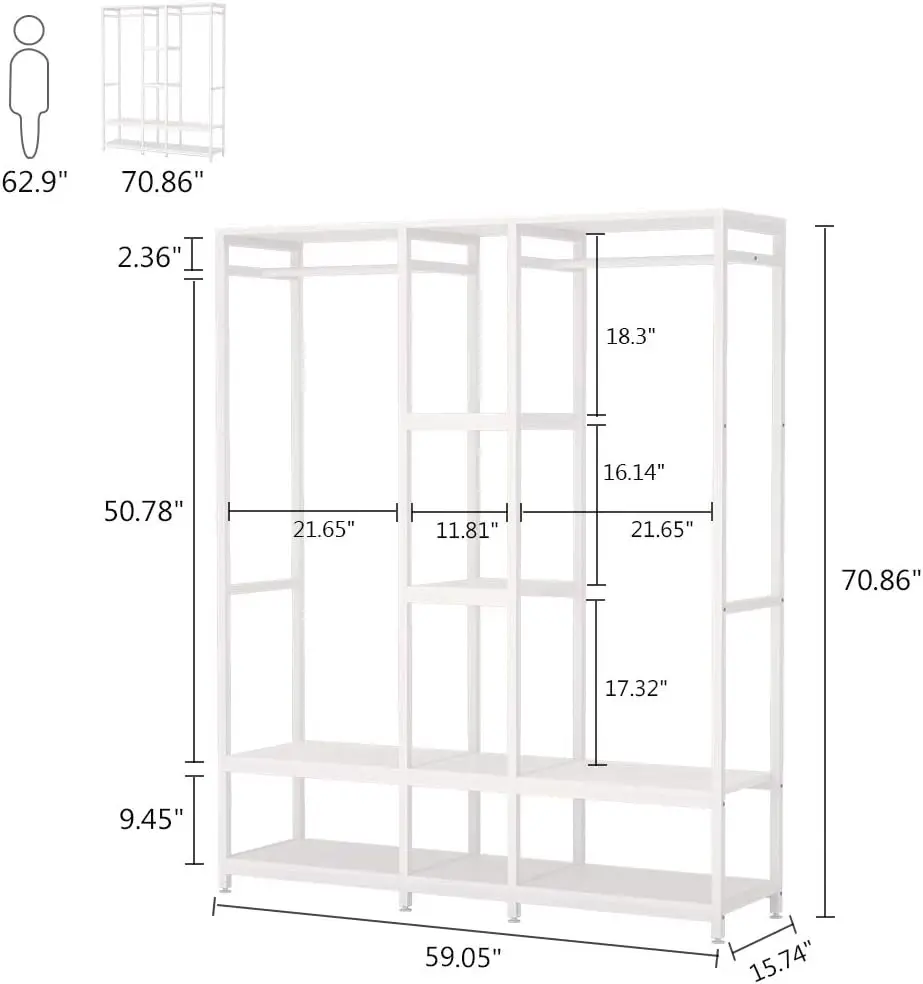Double Rod Free Standing Closet Organizer, armazenamento de roupas com prateleiras, Garment Rack, Heavy Duty, Roupeiro