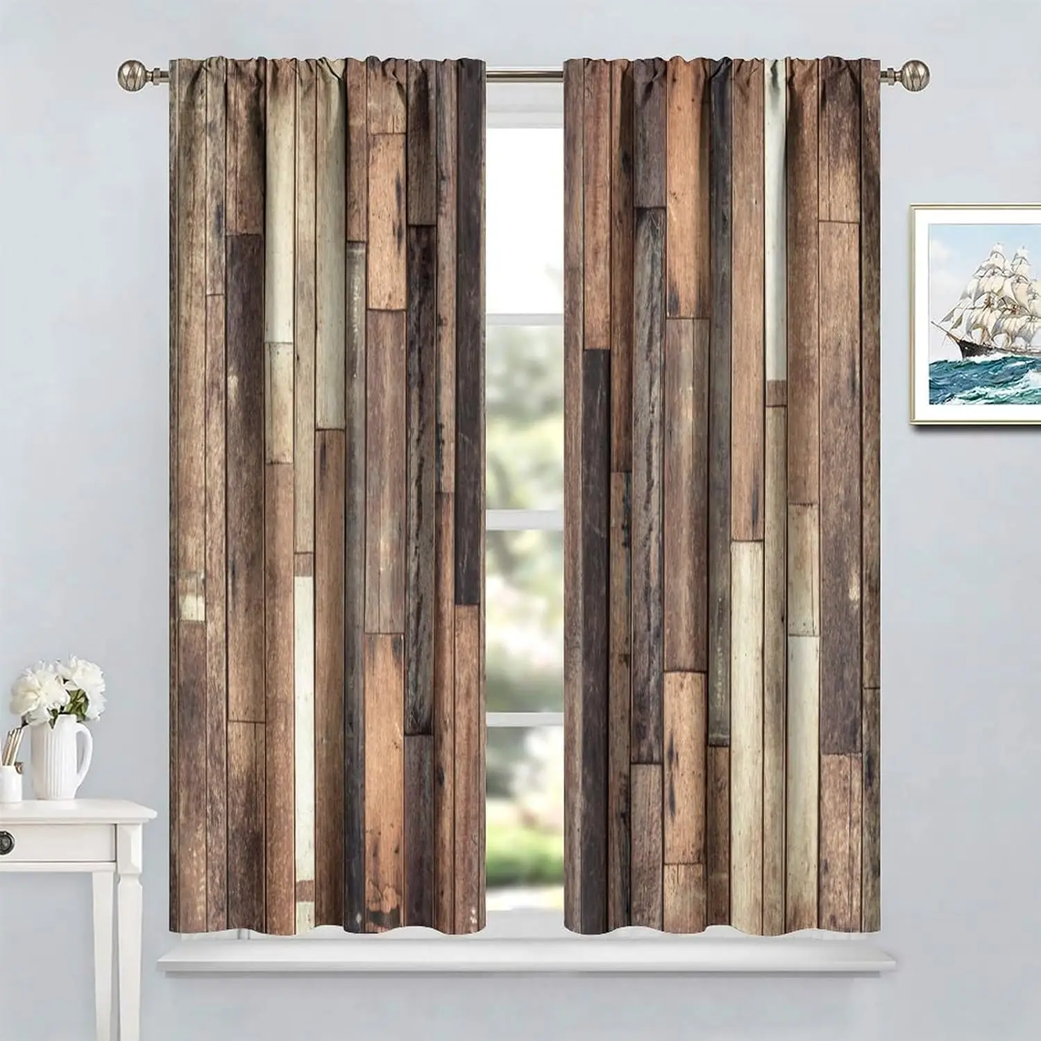 Rustic Wooden Curtains,Farmhouse Vintage Brown Plank Pattern Window Drapes Decor for Bedroom Living Room Curtains 42x45 Inch