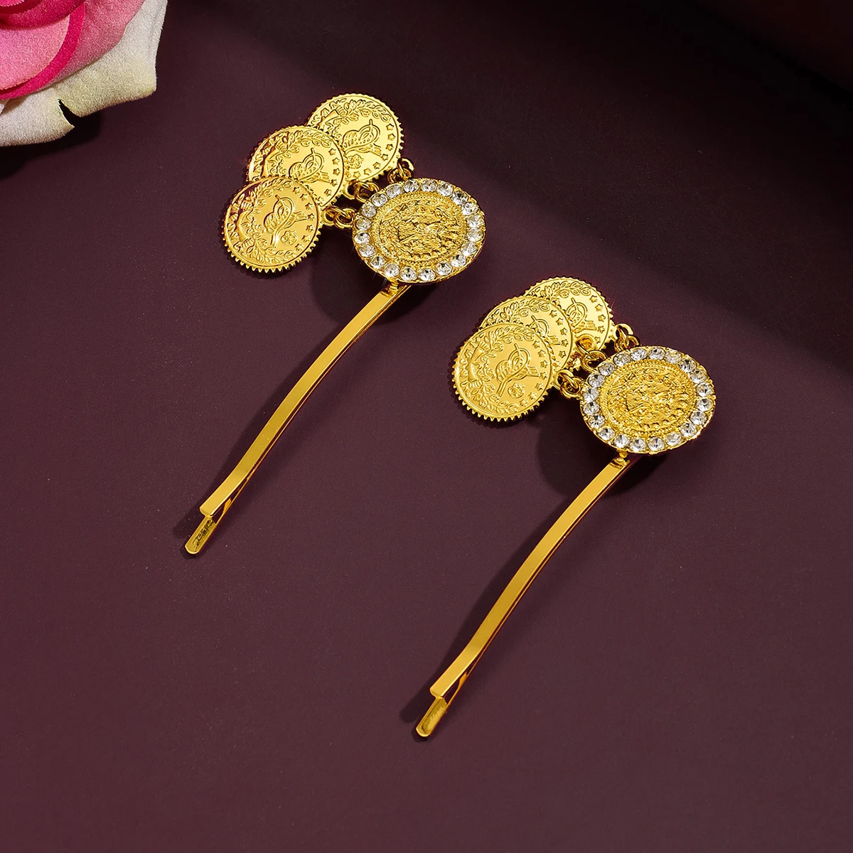 A Pair Of Golden Coin & Crystal Hair Pins Retro Ethnic, Hollow-Carved. For Dance, Bride Hairstyling & Outfits—Luxurious Charm