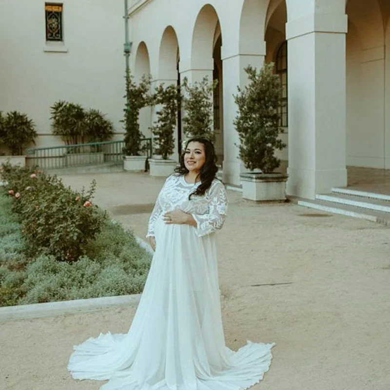 Nuevo vestido de maternidad de encaje de gasa para mujeres embarazadas embarazo primavera otoño Maxi vestido fotografía Prop ver a través de la ropa