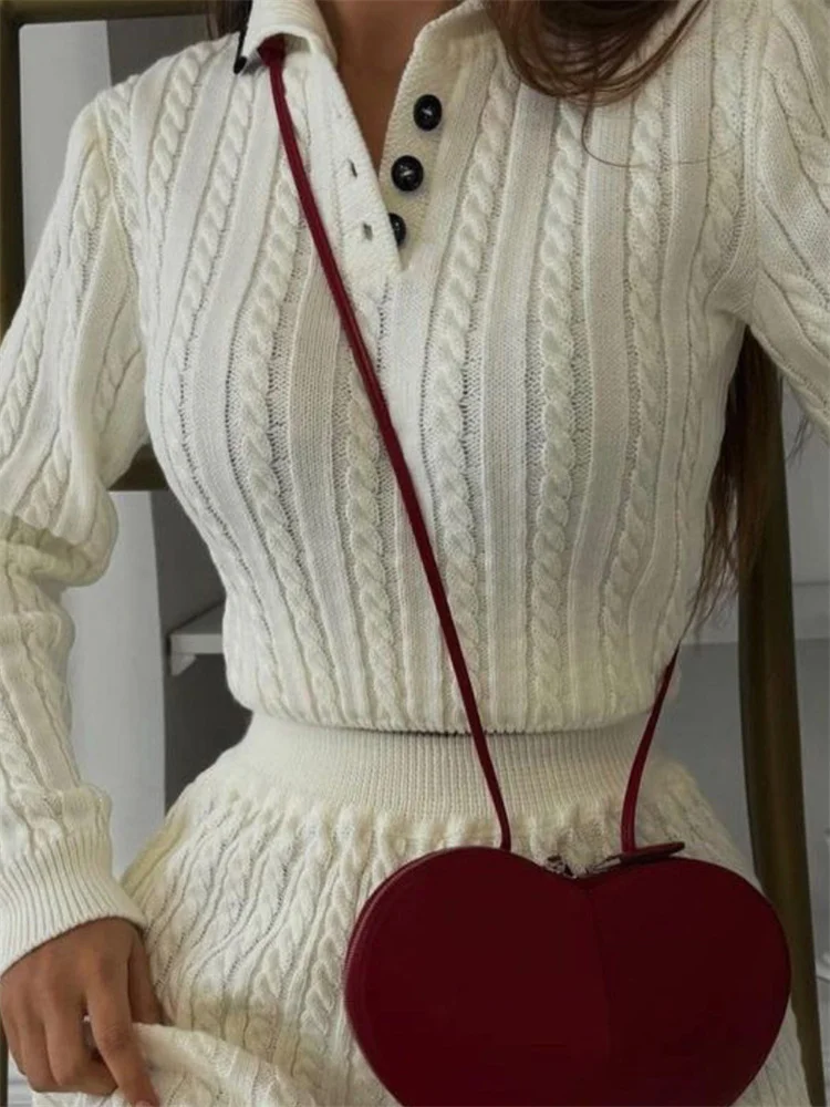 Autumn Winter Solid Fashion 2 Piece-Set Women Color Contrast Long Sleeve Lapel Pullover and High Waist Mini Skirt Casual Outfits