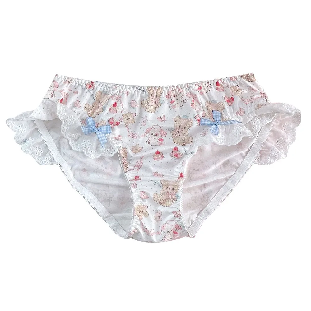 

Lovely Dot Bowknot Bear Panties Low Waist Cartoon Lace Bow Briefs Underwear Lolita Ruffle Panties Women Lady