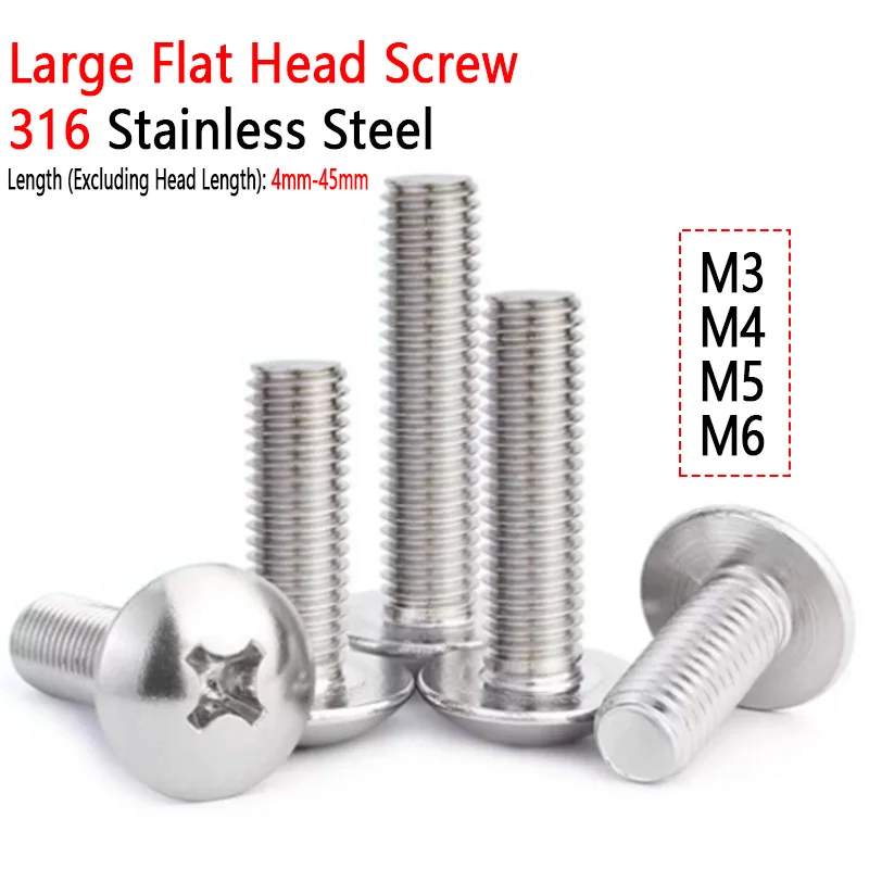 3/5/10/20/30/50/100PCS 316 A4 Stainless Steel M3 M4 M5 M6 Phillips Cross Large Flat Head Mushroom Head Screws Bolts
