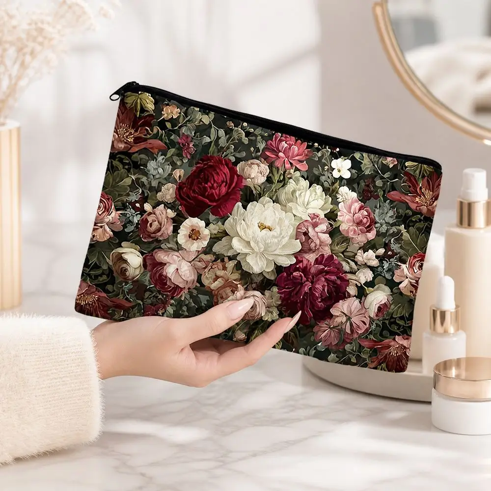 Zipper Closure Makeup Bag Printed Pattern Rectangular Shape Toiletry Bag Portable Wide Storage Space Cosmetic Bag Makeup Storage