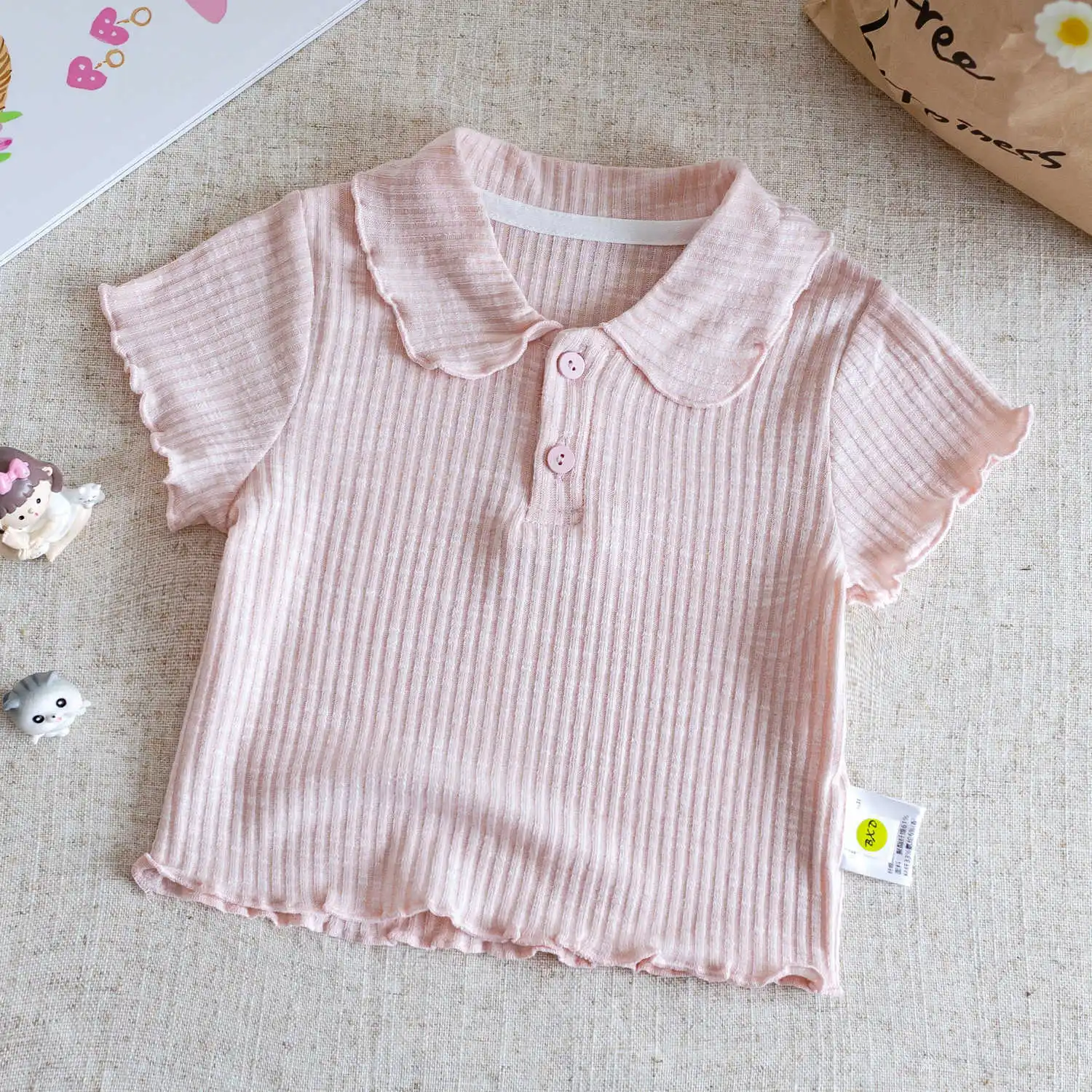 Mädchen Kurzarm-T-Shirt, Sommer Koreanischer Stil Süßer Puppenkragen-Oberteil für Junge Mädchen, Modische Grundschicht für Kleinkinder – Detail 2