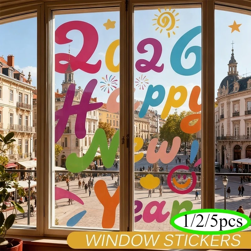 1/2/5 Stück neue Fensteraufkleber für 2026 Happy New, wiederverwendbare statische Happy New Year-Aufkleber, abnehmbare Feiertagsdekoration
