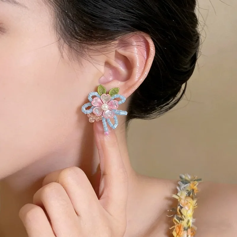 

Blue Crystal Flower Beaded Stud Earrings Handmade Niche Artistic Delicate Colorful Jewelry for Teen Girls Daily Wear Premium