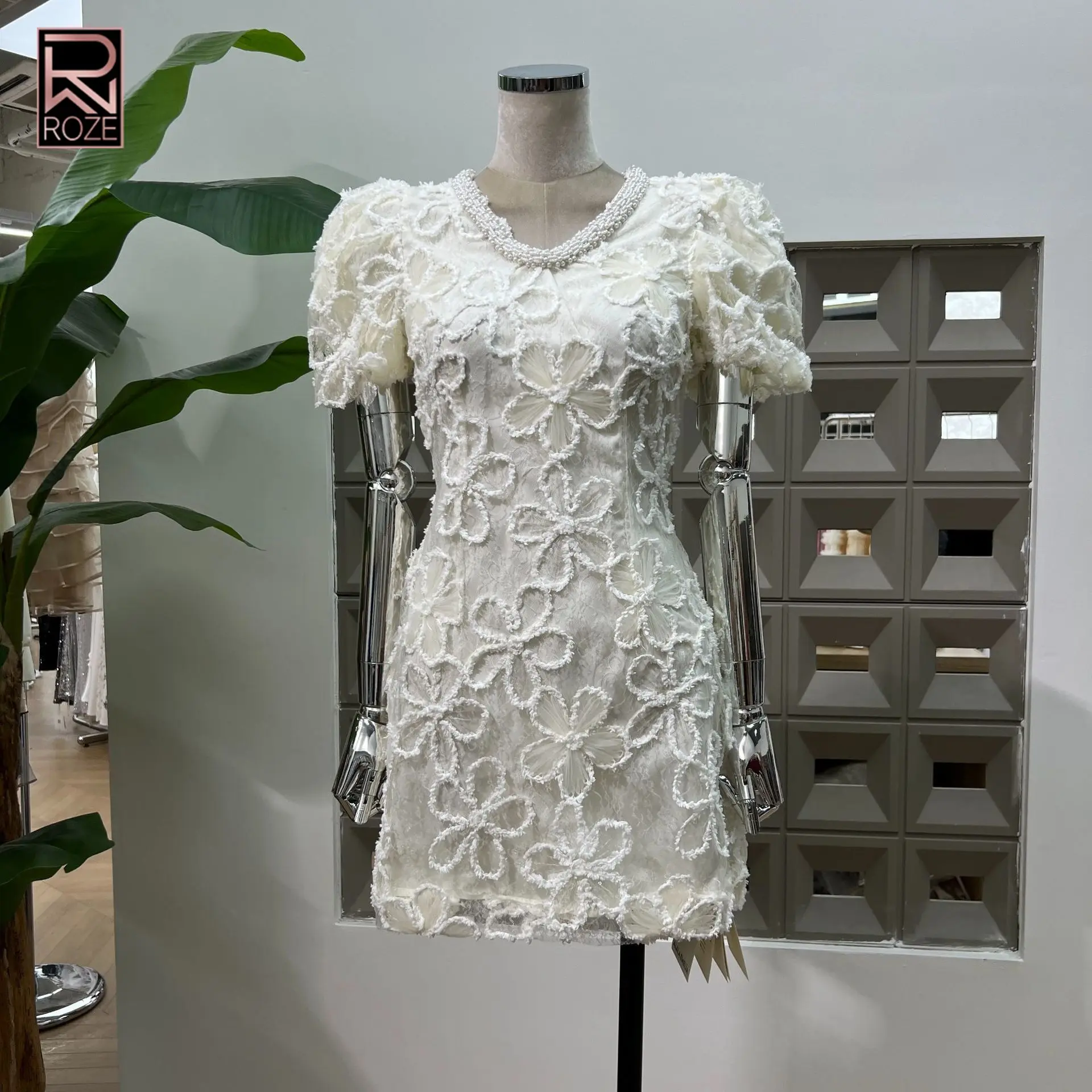 

2025 French Elegant Short Dress | 3D Crochet Puff Sleeve Dress | Niche Design Summer Mini Dress for Women