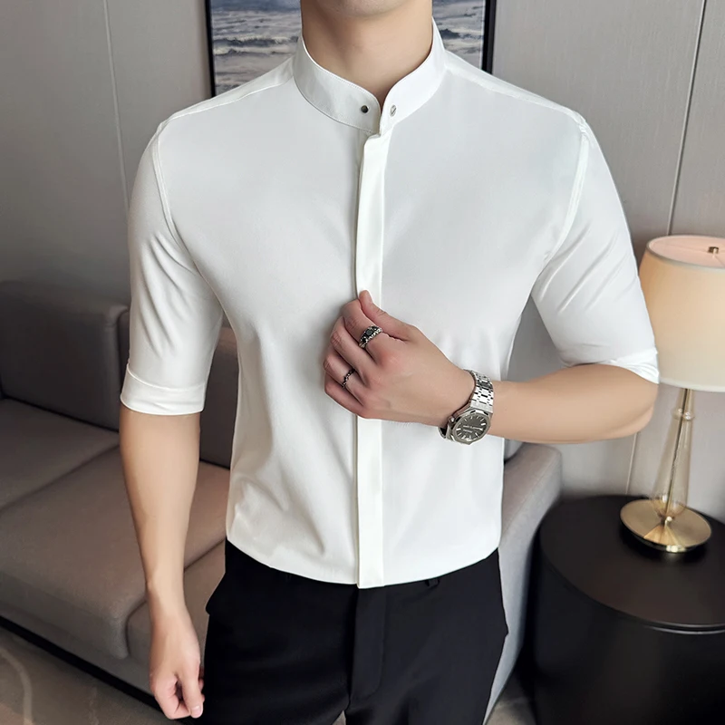 

Half Sleeve Shirts For Men Clothing Social Shirts Male Top Quality Metal Buttons Luxury Design Summer Slim Fit Blouse Homme