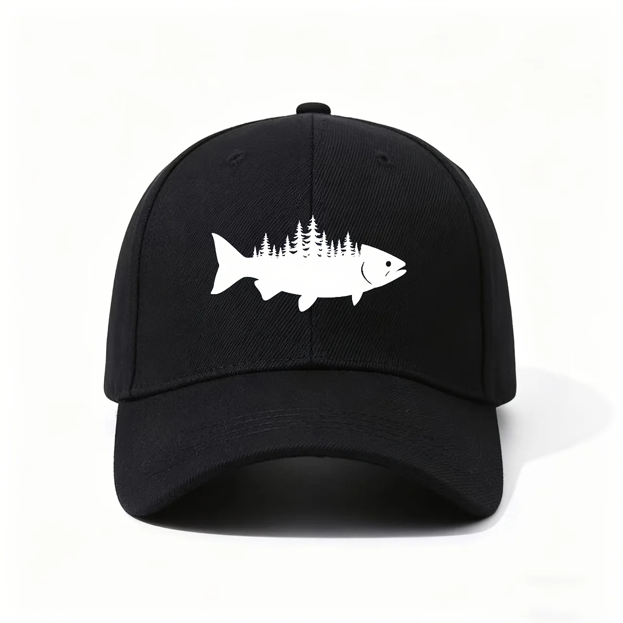 Baseball Cap, Crafted from Durable with Curved Brim, Showcases a Fish Silhouette with Pine Tree Details Print, Perfect for Fishi