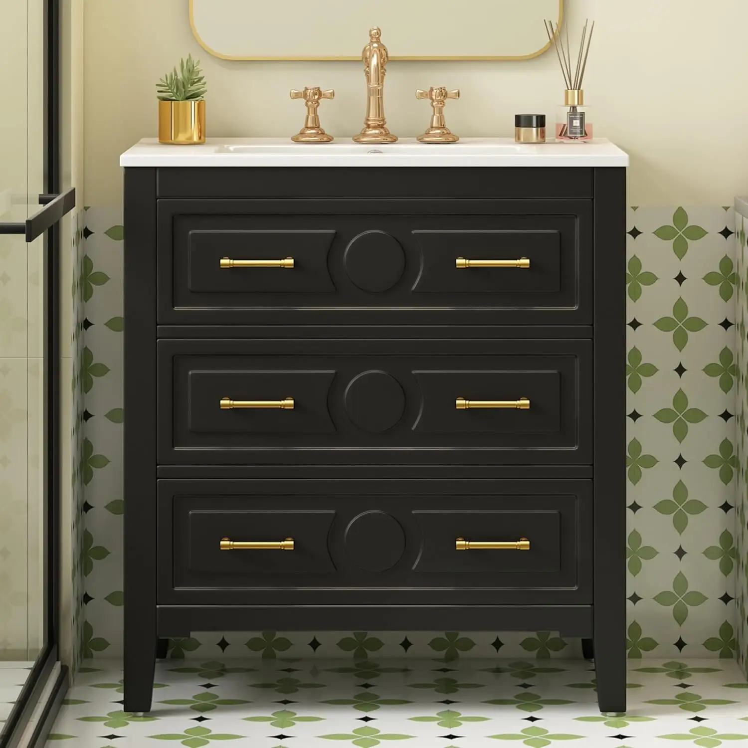 

30" Bathroom Vanity with Sink Top 3-Drawer Storage Cabinet Gold Pulls Tip-Out Drawer Solid Wood Frame Ceramic Sink, Custom