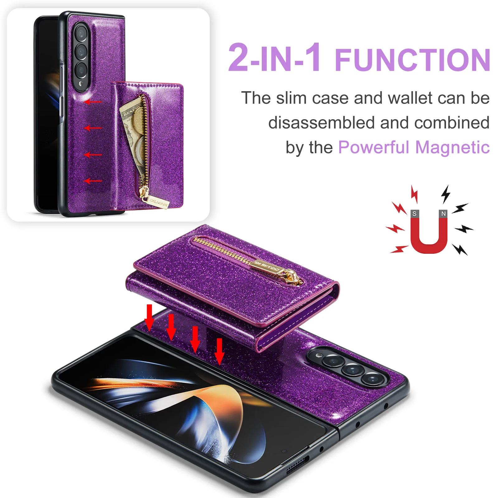 Glitter Magnetic Card Phone Case For Samsung Galaxy Z Fold 5 4 3 Stand Shockproof Folding Screen Cover Protective Accessories