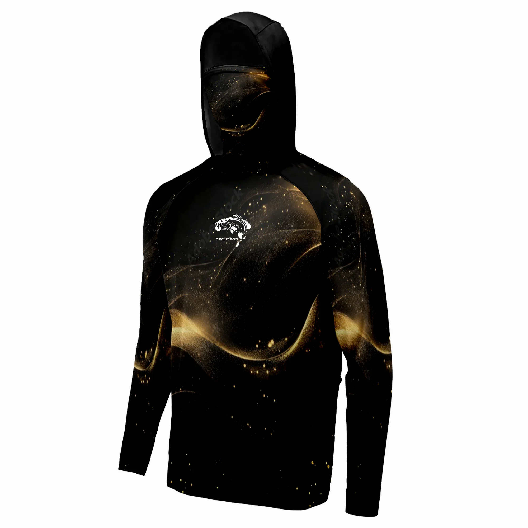 Men Color Swirl Abstract Print Fishing Hoodie UPF50 UV Shield Built-in Face Mask Polyester Quick Dry Long Sleeve Angling Garment