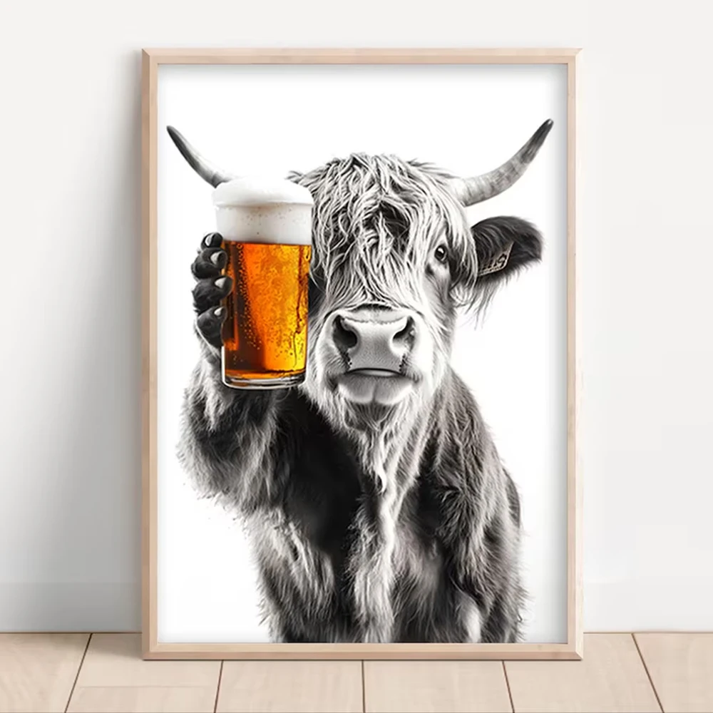 Funny Kitchen Wall Art Poster Highland Cow Drinking Beer Wine Coffee Home Bar Decorative Painting Animal Canvas Set Decoration