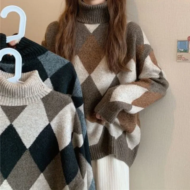 

Ленивый свитер, женский осенне-зимний свободный крой-поло/черепаховый воротник, утепленный топ с ромбами, внутренний вязаный верх, базовый слой