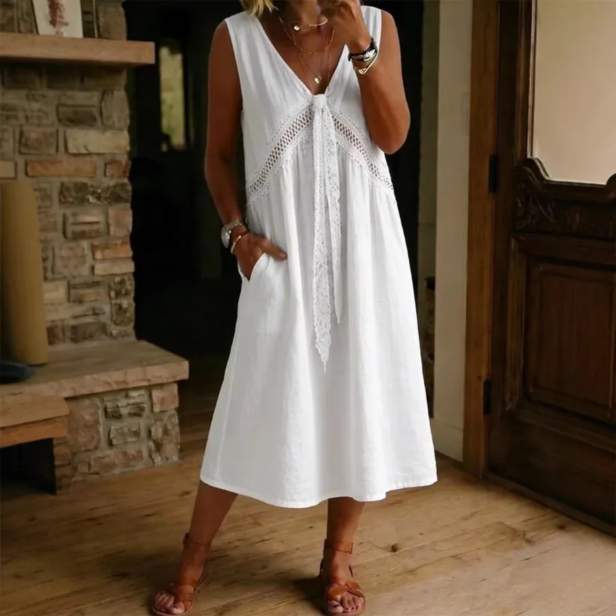 

ХИТ! Новинка 2026 года: женское платье без рукавов в европейском и американском стиле, однотонное, с кружевной отделкой.