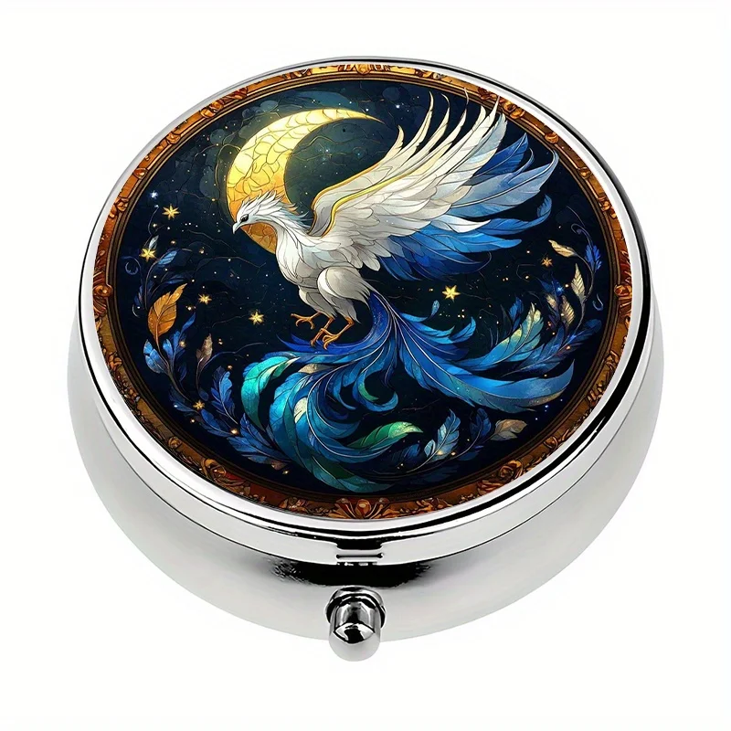 1-piece pill box, 3 compartments with a mythical phoenix night sky design, mini pill box, medication storage box, unique gift for travel