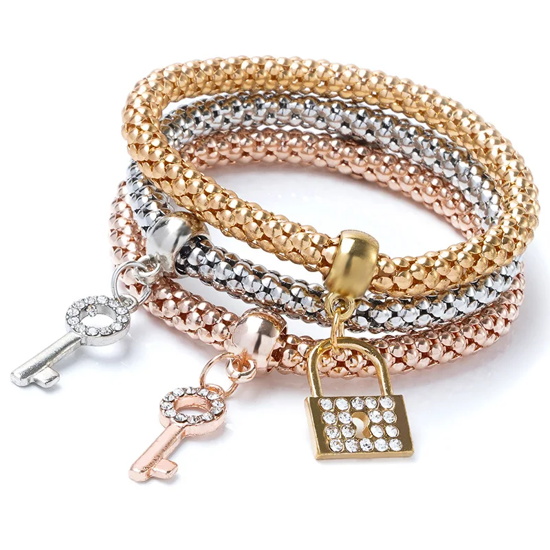 

New 3 PCS Set Heart Lock Key Music Sign Charm Bracelet Rose Gold Plating Silver Color Chain Charm Bangle Jewelry Set