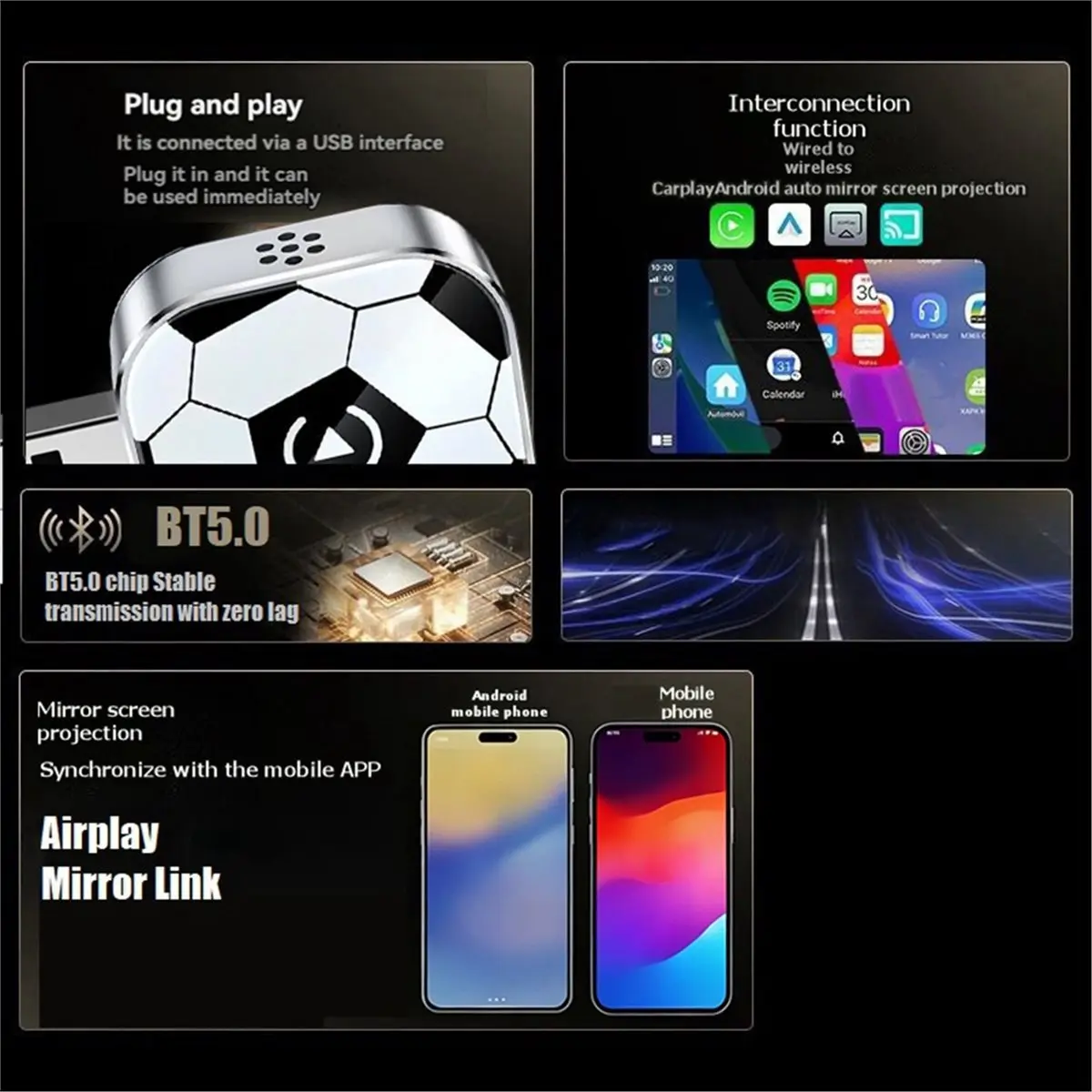 giftnew 4in1 Wireless CarPlay AI Box Airplay/Mirror Link/Android Auto/Carplay Car Intelligent System USB Dongle Adapter