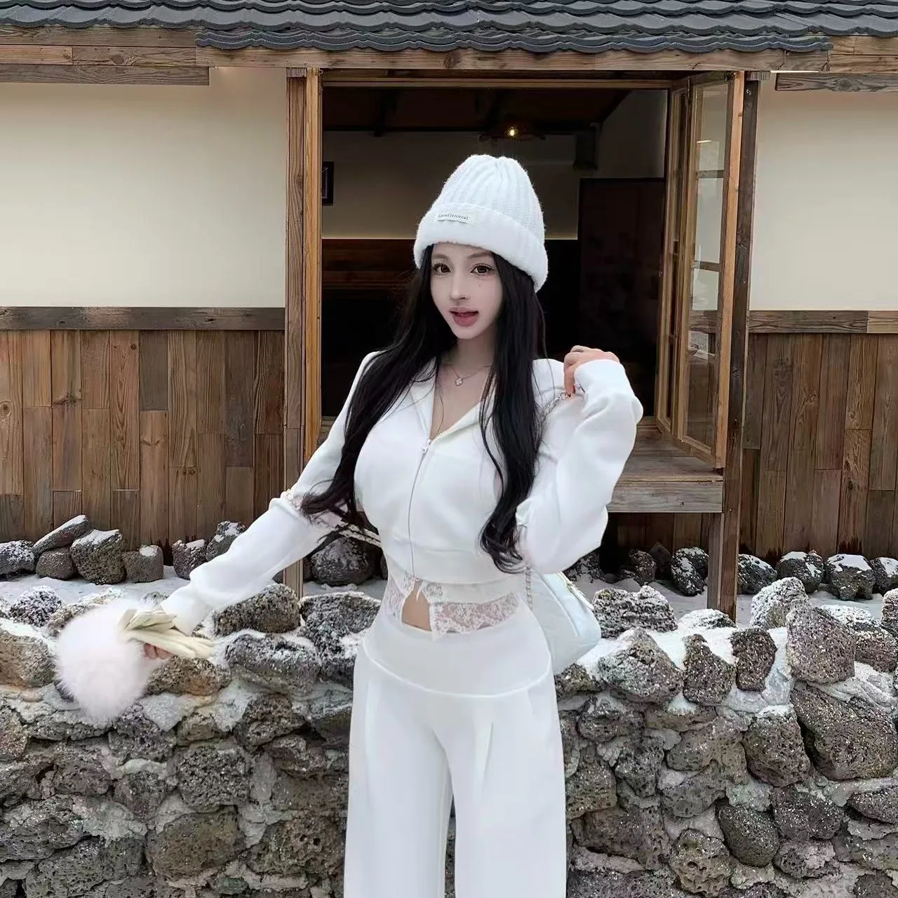 Herfst Winter Kant Patchwork Gebreid Casual Vest Hoodie Losse Joggingbroek Set Dames Midweight Lange Sve Rits Faion