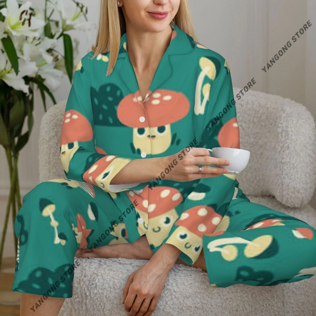 

Весенне-осенние брюки с длинными рукавами, пижамный комплект одежды для дома, женский свободный спальный костюм с милыми мультяшными грибами и выдвижными краями