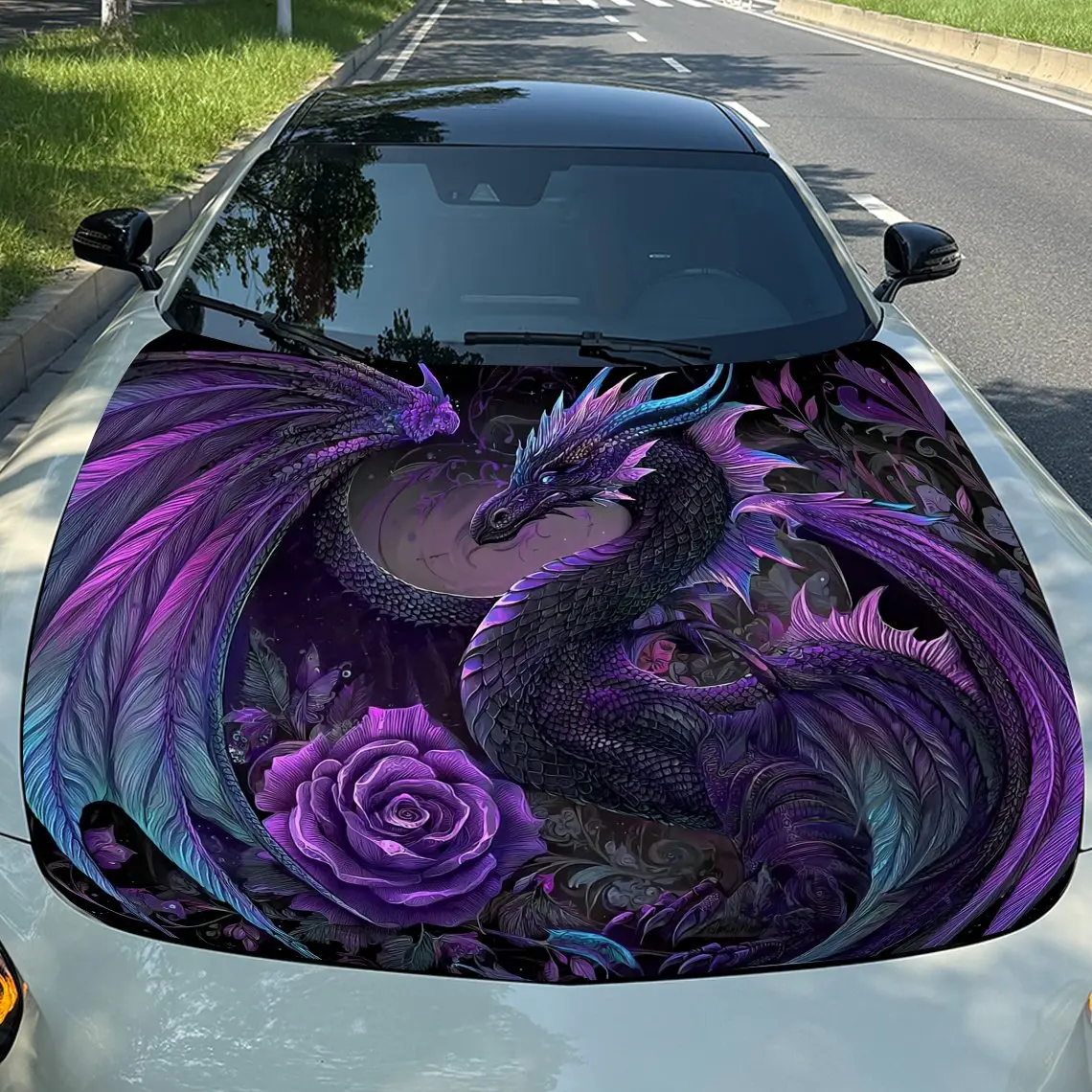 

Виниловая наклейка с фиолетовой розой и черным драконом — универсальный бумажный материал, обертка на капот автомобиля, наклейка на внешний капот автомобиля, автомобиль M