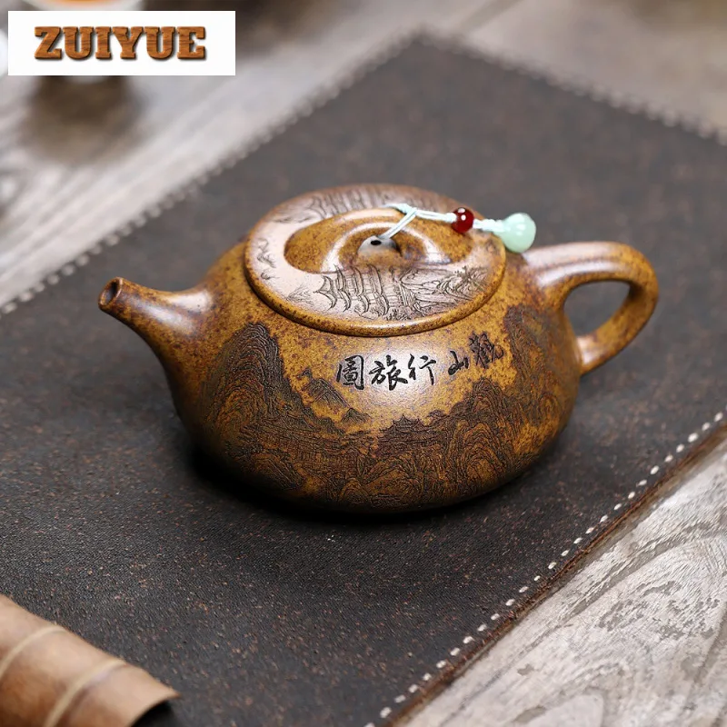 

550ml Yixing Purple Clay Teapots Handmade Stone Scoop Pot Raw Ore The Keel Gold Sand Firewood Tea Soaking Kettle Infuser Zisha