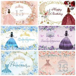 Girls Birthday Party Backdrop Photography Backdrop Boho Flowers Crown Princess Sweet Birthday Customized Poster Photo Background